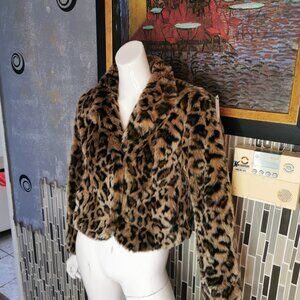 Allen B Faux Fur Coat Womens Small Leopard Cheetah Print Glam Cocktail Jacket